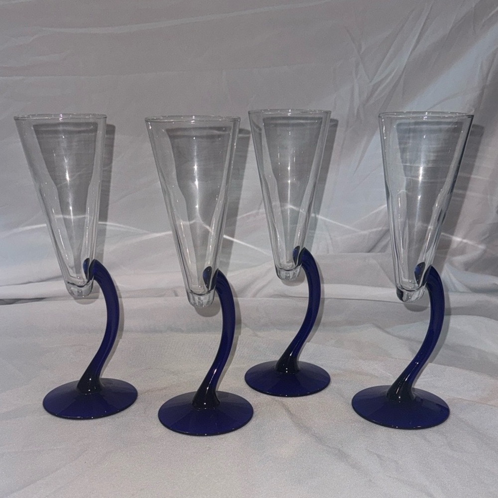 Vintage Libbey Elegant Cobalt Blue Stem Champagne Glasses Flutes Bravura Patten - Picture 2 of 2